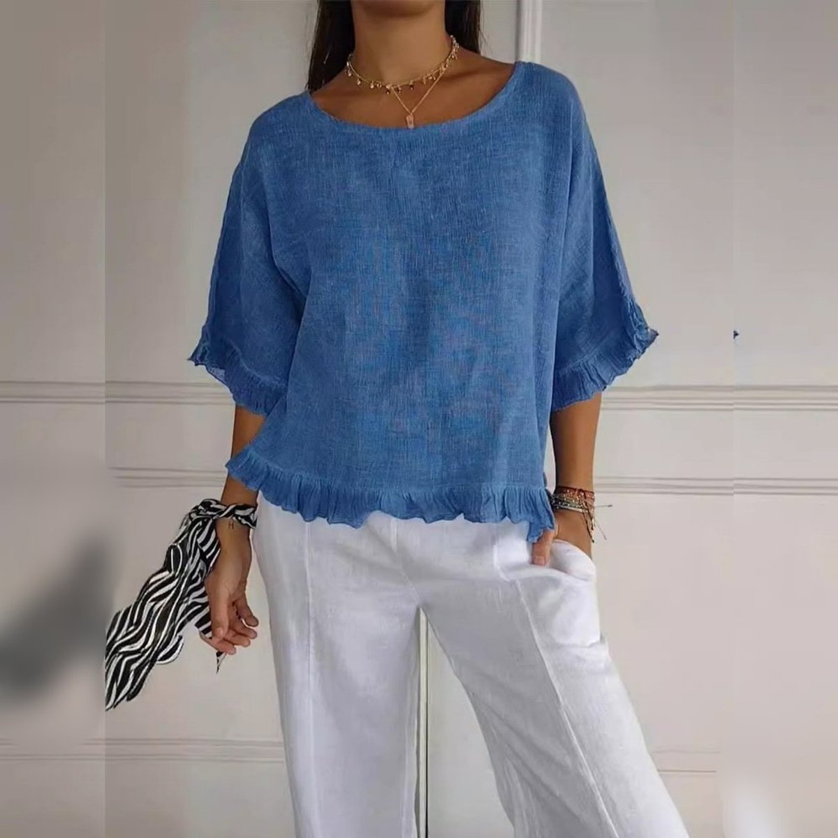 Annika Linen Blouse with Fringe Trim