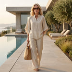 Lena Linen Kimono-Sleeve Blouse and Wide-Leg Pants Set