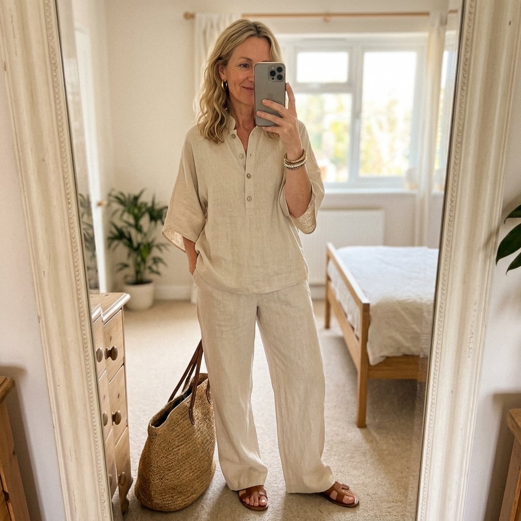 Lena Linen Kimono-Sleeve Blouse and Wide-Leg Pants Set