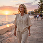 Lena Linen Kimono-Sleeve Blouse and Wide-Leg Pants Set