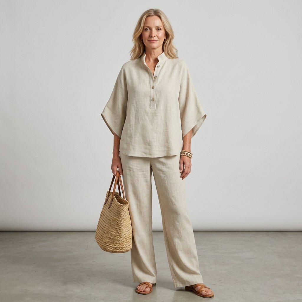 Lena Linen Kimono-Sleeve Blouse and Wide-Leg Pants Set