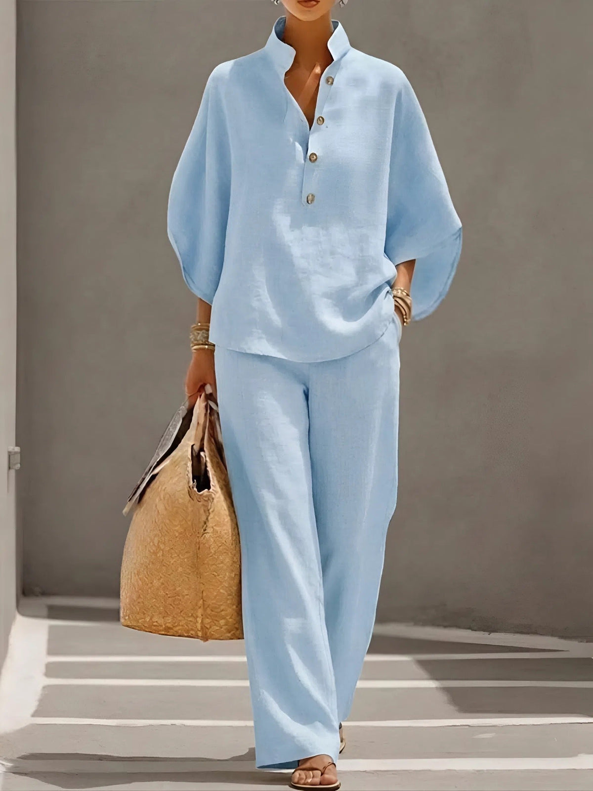 Lena Linen Kimono-Sleeve Blouse and Wide-Leg Pants Set