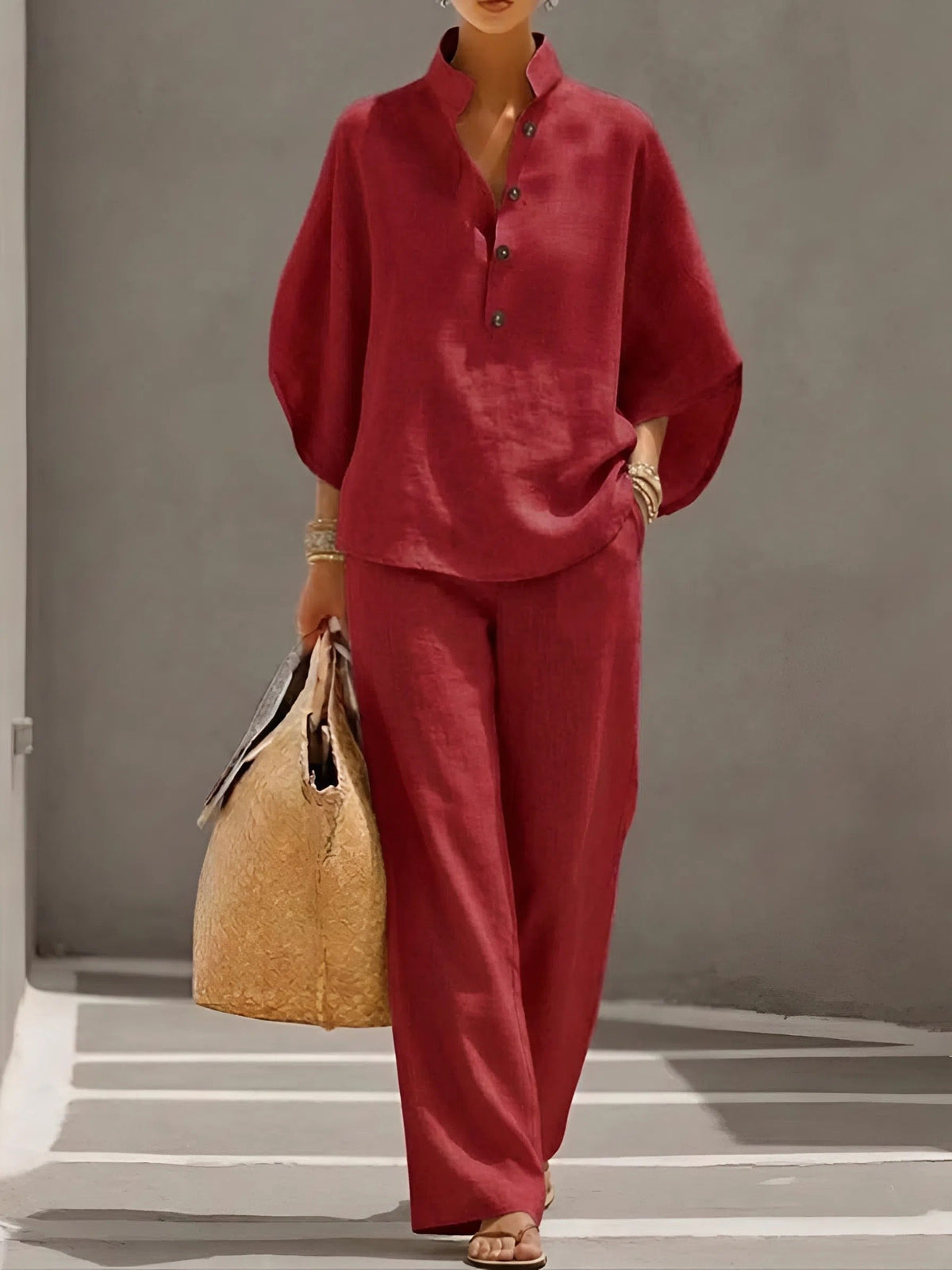 Lena Linen Kimono-Sleeve Blouse and Wide-Leg Pants Set