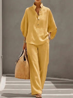 Lena Linen Kimono-Sleeve Blouse and Wide-Leg Pants Set