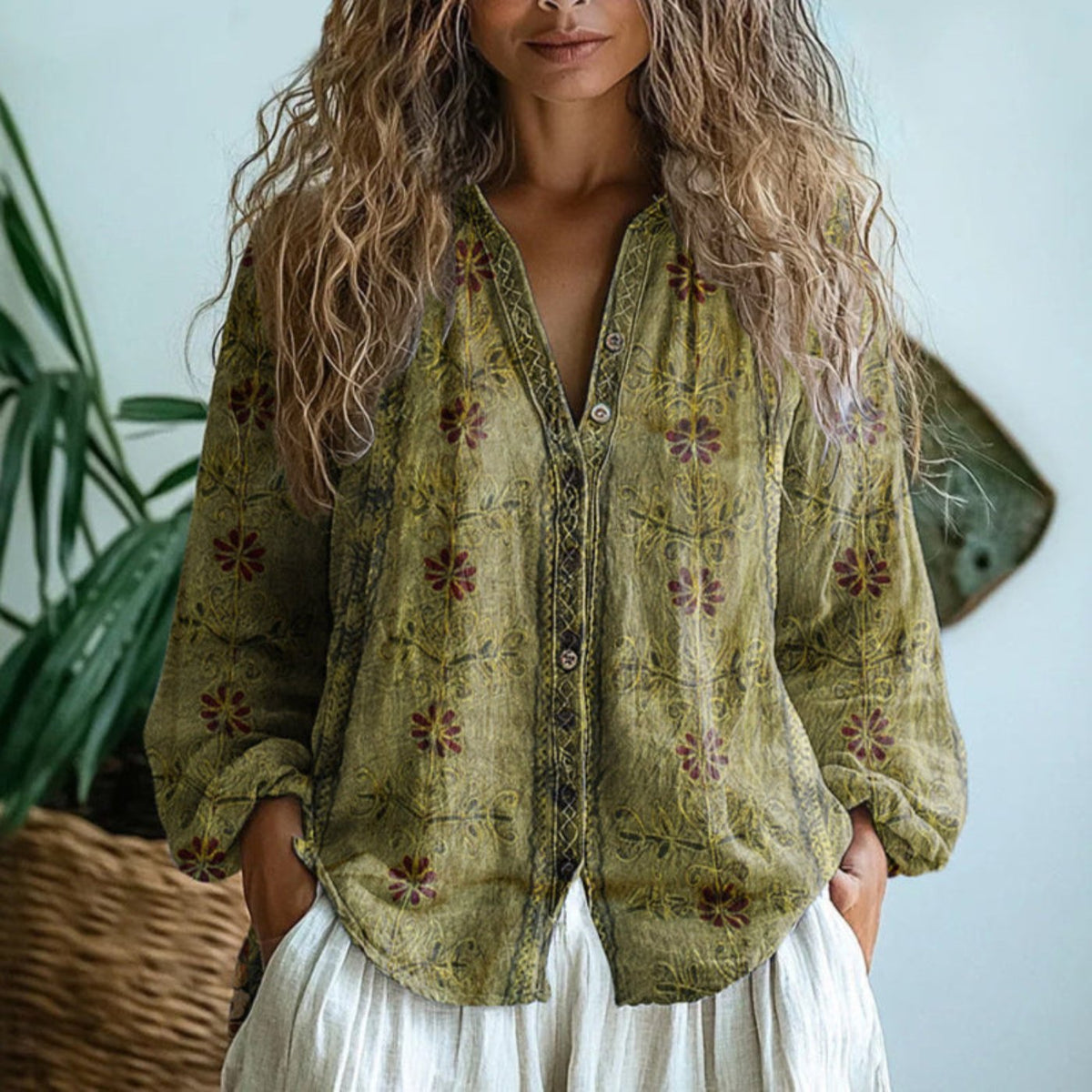Luisa Linen V-Neck Blouse with Contrast Trim