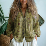 Luisa Linen V-Neck Blouse with Contrast Trim