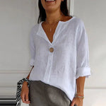 Hannah Linen V-Neck Blouse with Wood Button