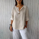Hannah Linen V-Neck Blouse with Wood Button