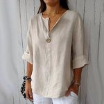 Hannah Linen V-Neck Blouse with Wood Button
