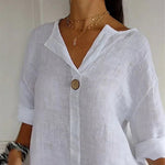 Hannah Linen V-Neck Blouse with Wood Button