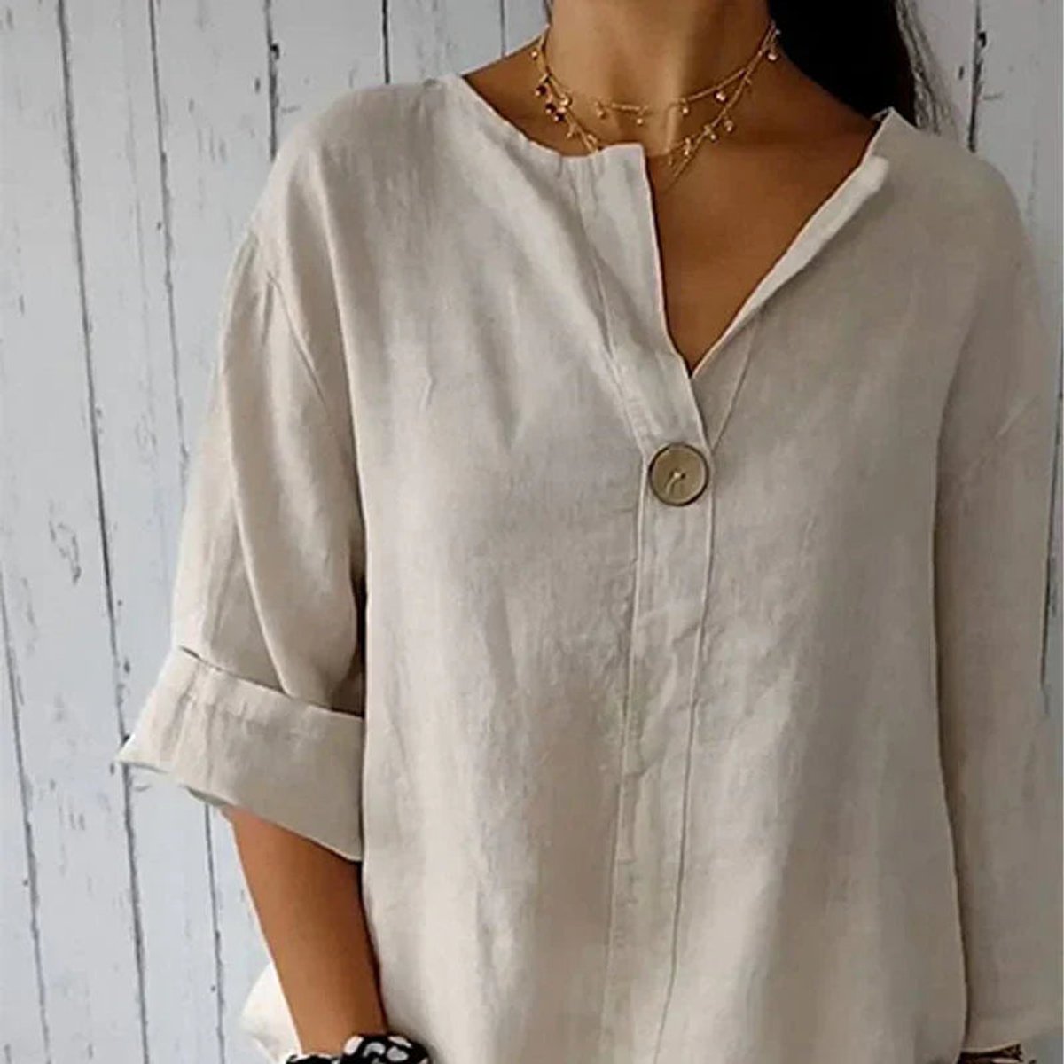 Hannah Linen V-Neck Blouse with Wood Button