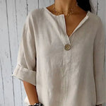 Hannah Linen V-Neck Blouse with Wood Button