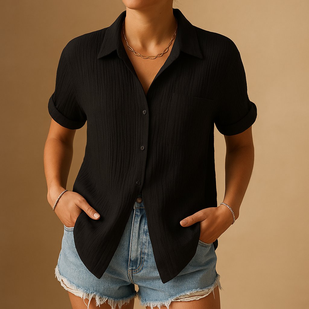 Clara Short-Sleeve Linen-Look Shirt with Chest Pocket