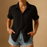 Clara Short-Sleeve Linen-Look Shirt with Chest Pocket