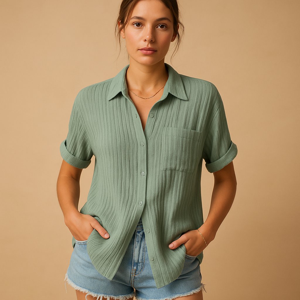 Clara Short-Sleeve Linen-Look Shirt with Chest Pocket