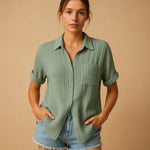 Clara Short-Sleeve Linen-Look Shirt with Chest Pocket