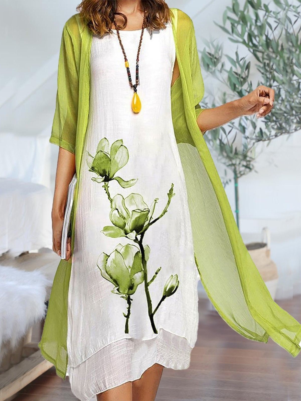 Johanna Linen Midi Dress and Chiffon Cardigan Set