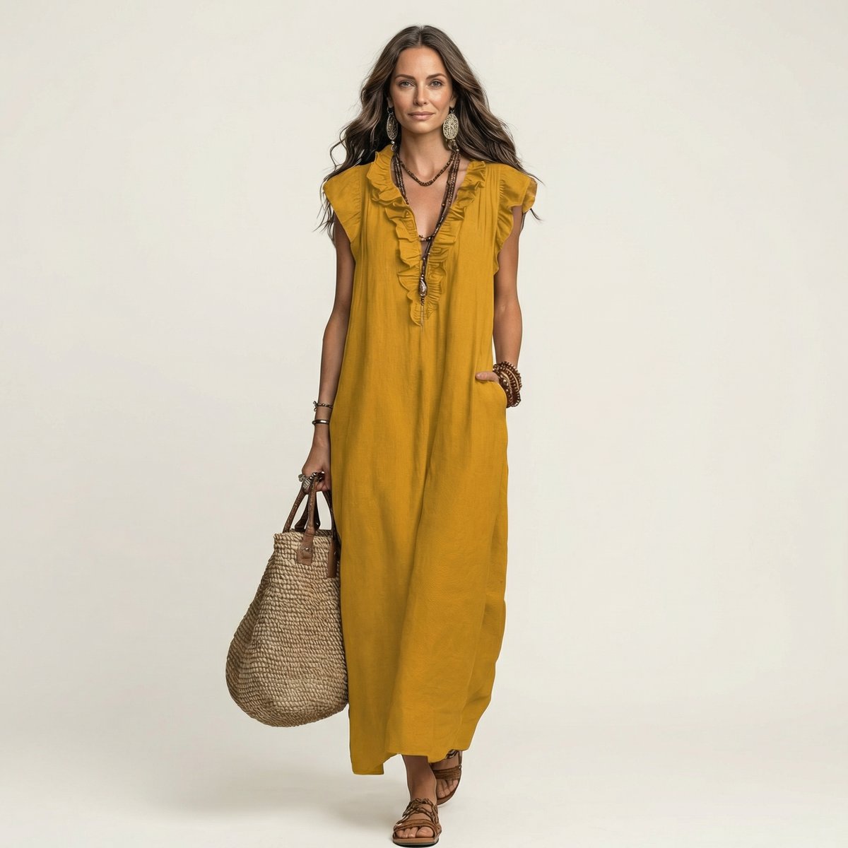 Emilia Sleeveless Ruffle Linen Maxi Dress