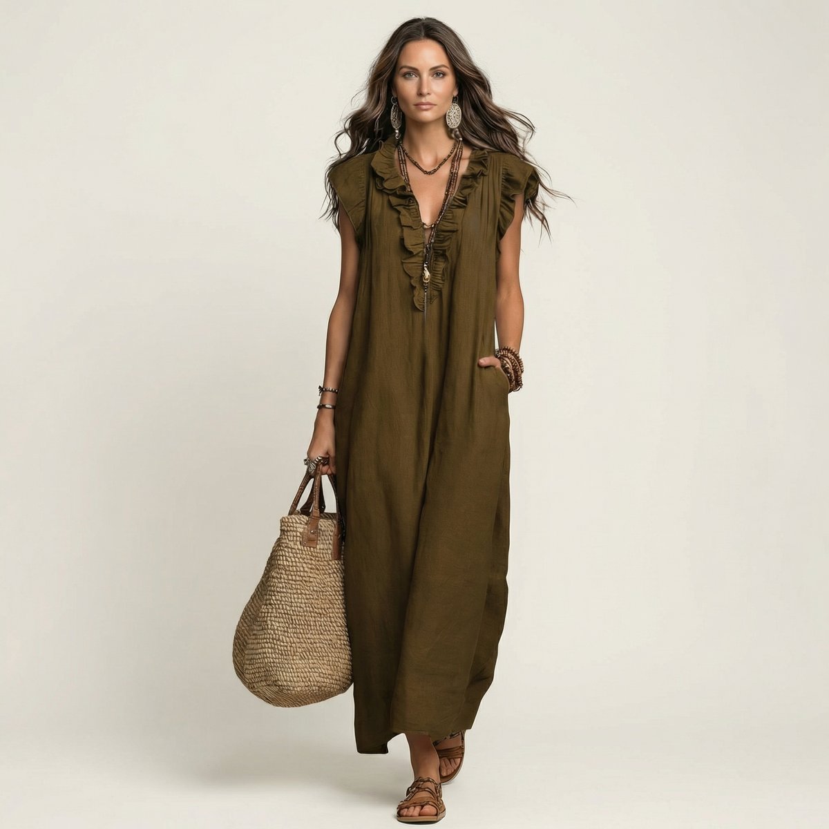 Emilia Sleeveless Ruffle Linen Maxi Dress