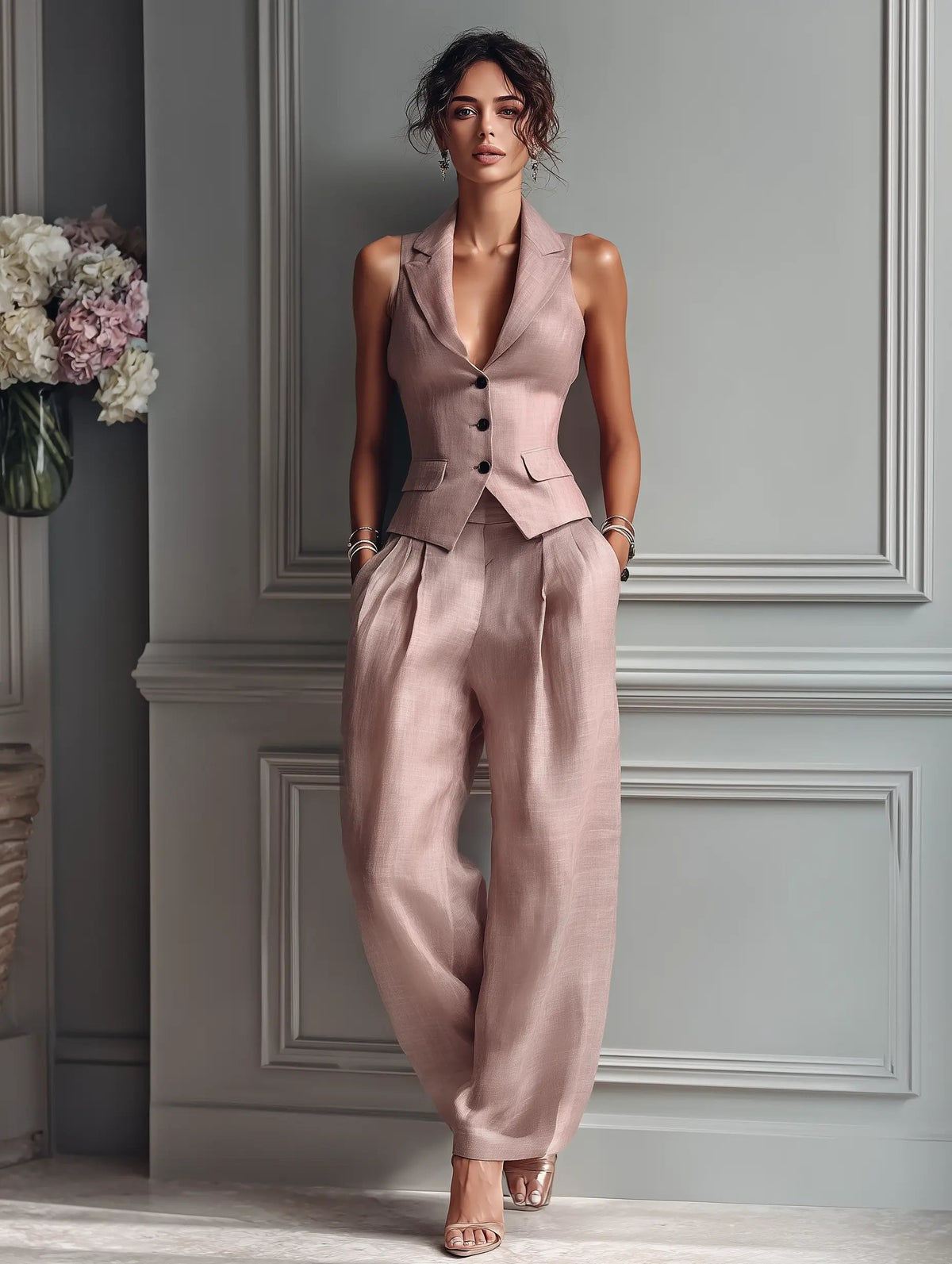 Sophie Linen Vest and Wide-Leg Trouser Set
