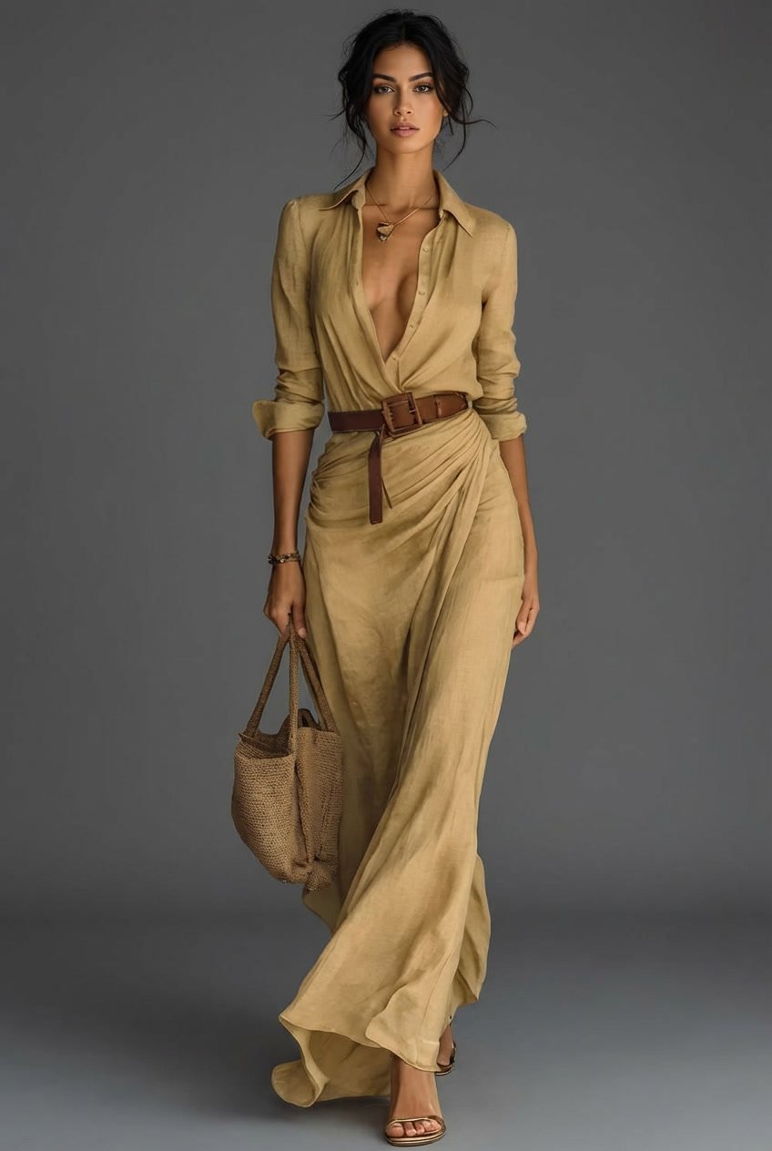 Johanna Long-Sleeve Linen Wrap Maxi Dress