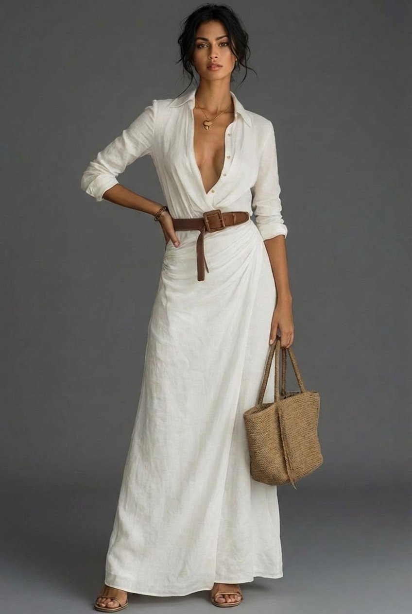 Johanna Long-Sleeve Linen Wrap Maxi Dress
