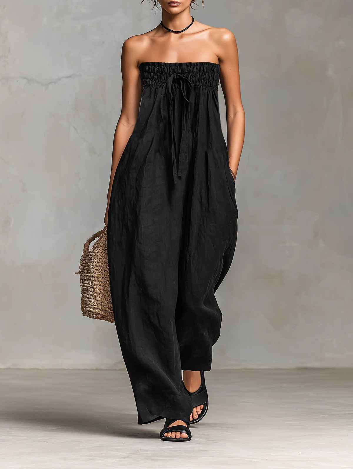 Hannah Linen Wide-Leg Strapless Jumpsuit with Tie Front
