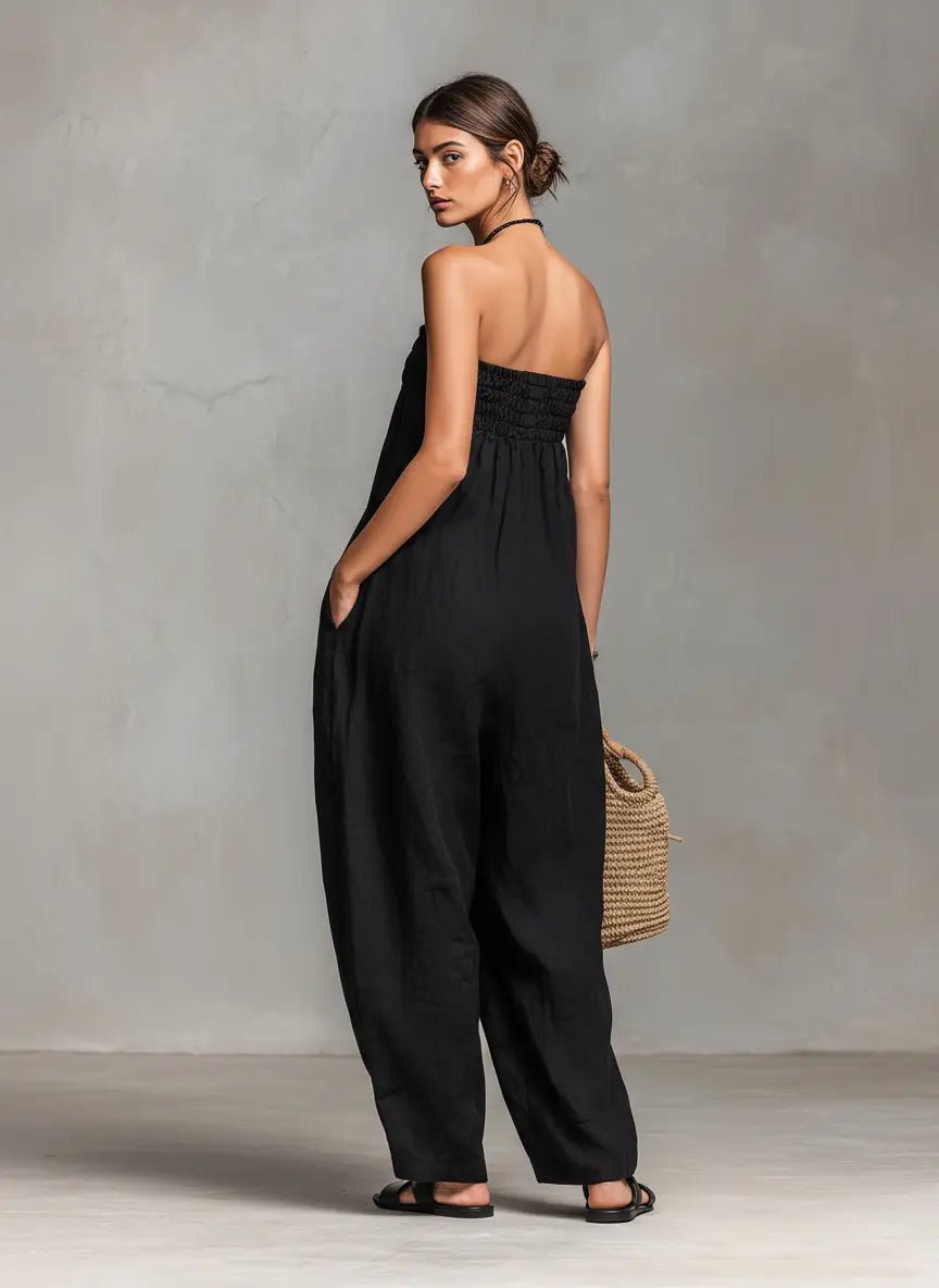 Hannah Linen Wide-Leg Strapless Jumpsuit with Tie Front