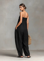 Hannah Linen Wide-Leg Strapless Jumpsuit with Tie Front