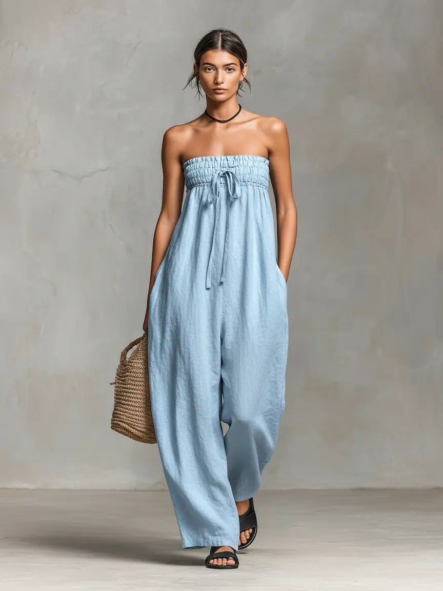 Hannah Linen Wide-Leg Strapless Jumpsuit with Tie Front