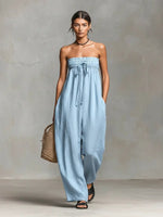 Hannah Linen Wide-Leg Strapless Jumpsuit with Tie Front