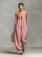 Hannah Linen Wide-Leg Strapless Jumpsuit with Tie Front