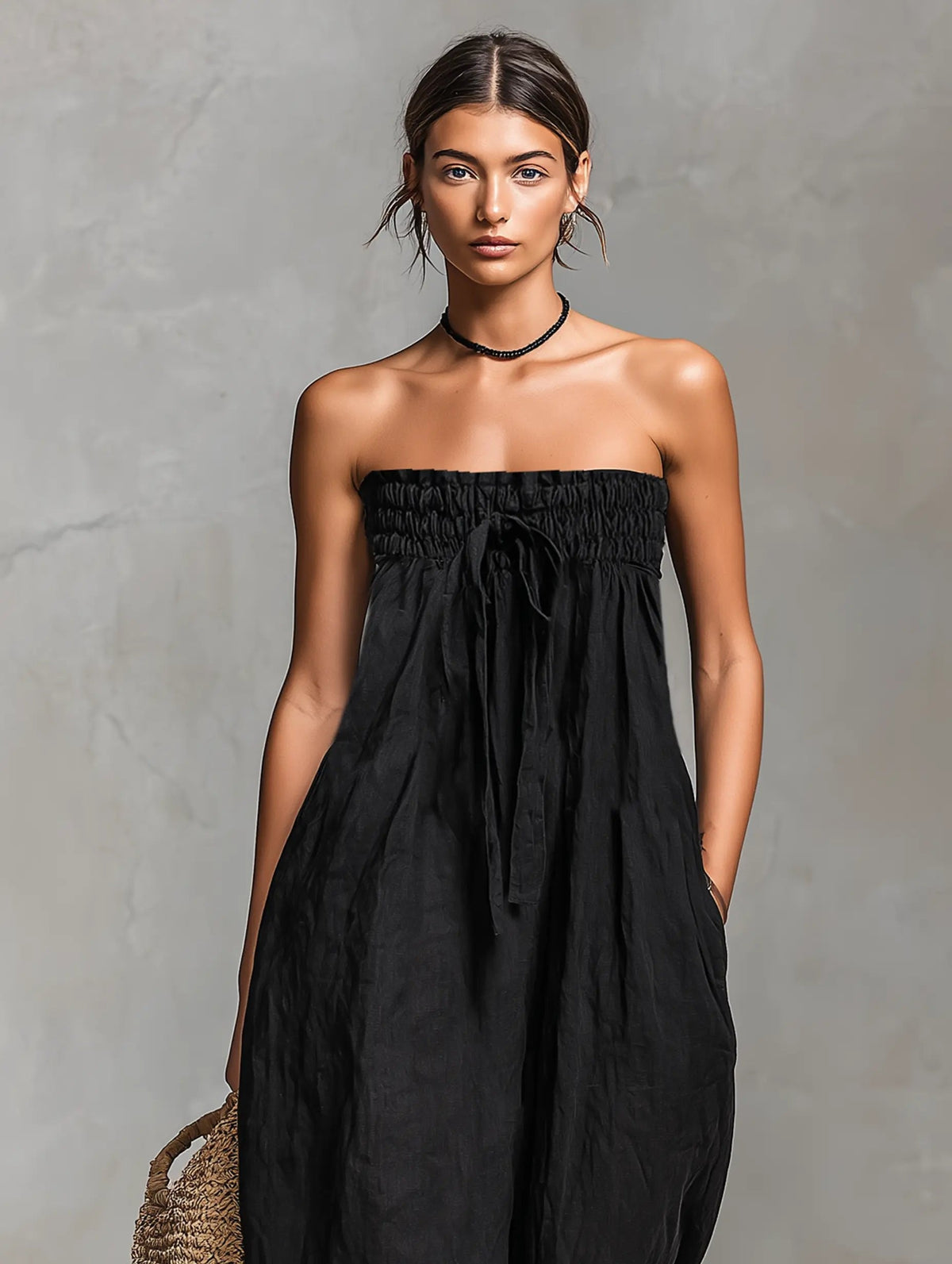 Hannah Linen Wide-Leg Strapless Jumpsuit with Tie Front