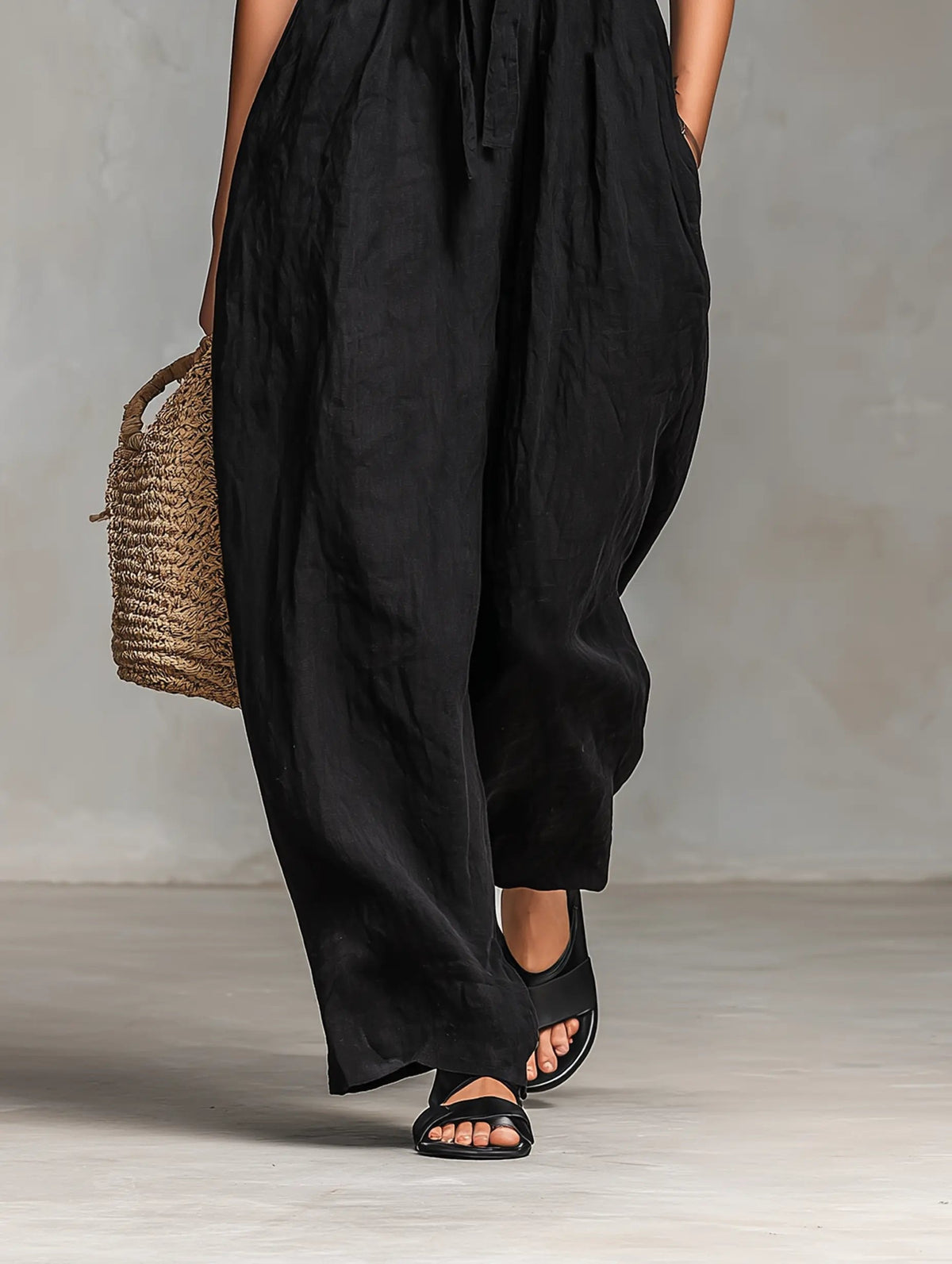 Hannah Linen Wide-Leg Strapless Jumpsuit with Tie Front