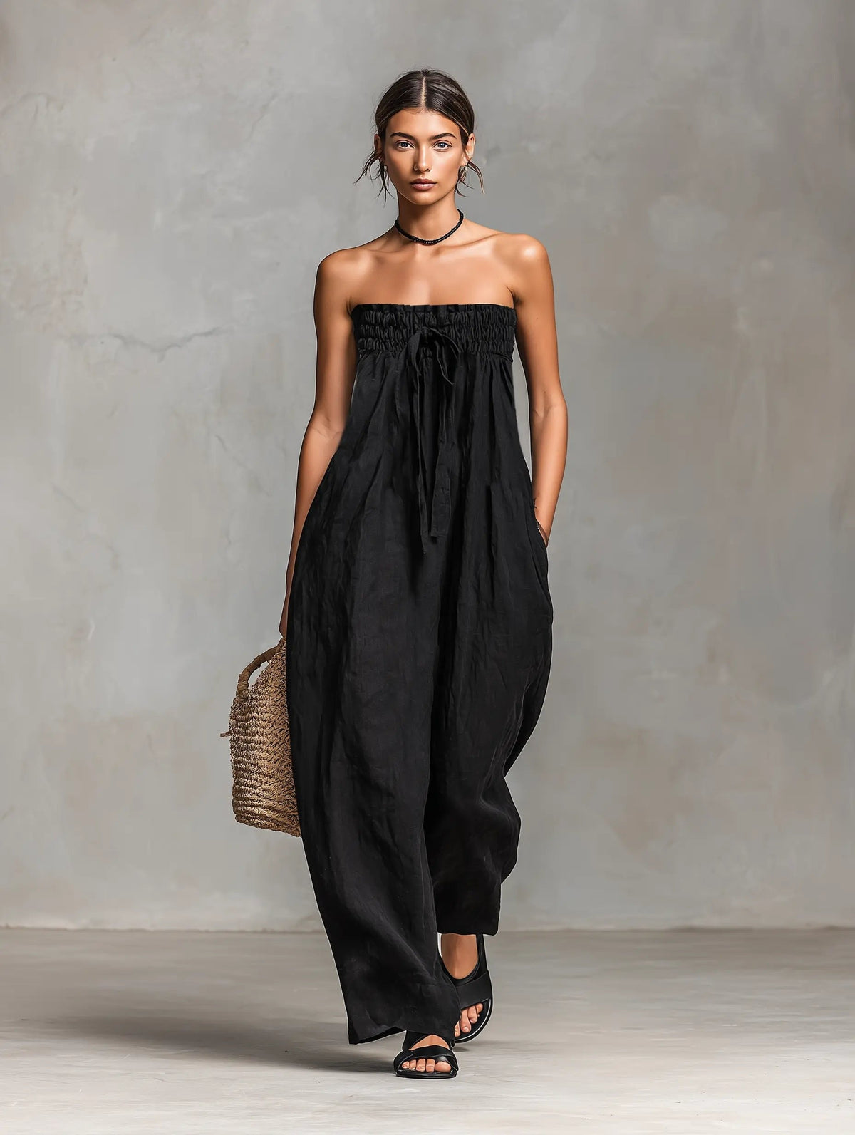 Hannah Linen Wide-Leg Strapless Jumpsuit with Tie Front