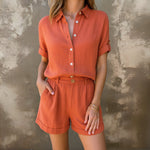 Hannah Linen Two-Piece Set with Short-Sleeve Shirt and High-Waisted Shorts