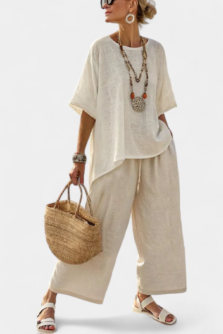 Lena Linen Two-Piece Set with Asymmetric Top and Wide-Leg Pants