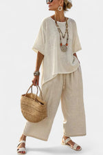 Lena Linen Two-Piece Set with Asymmetric Top and Wide-Leg Pants