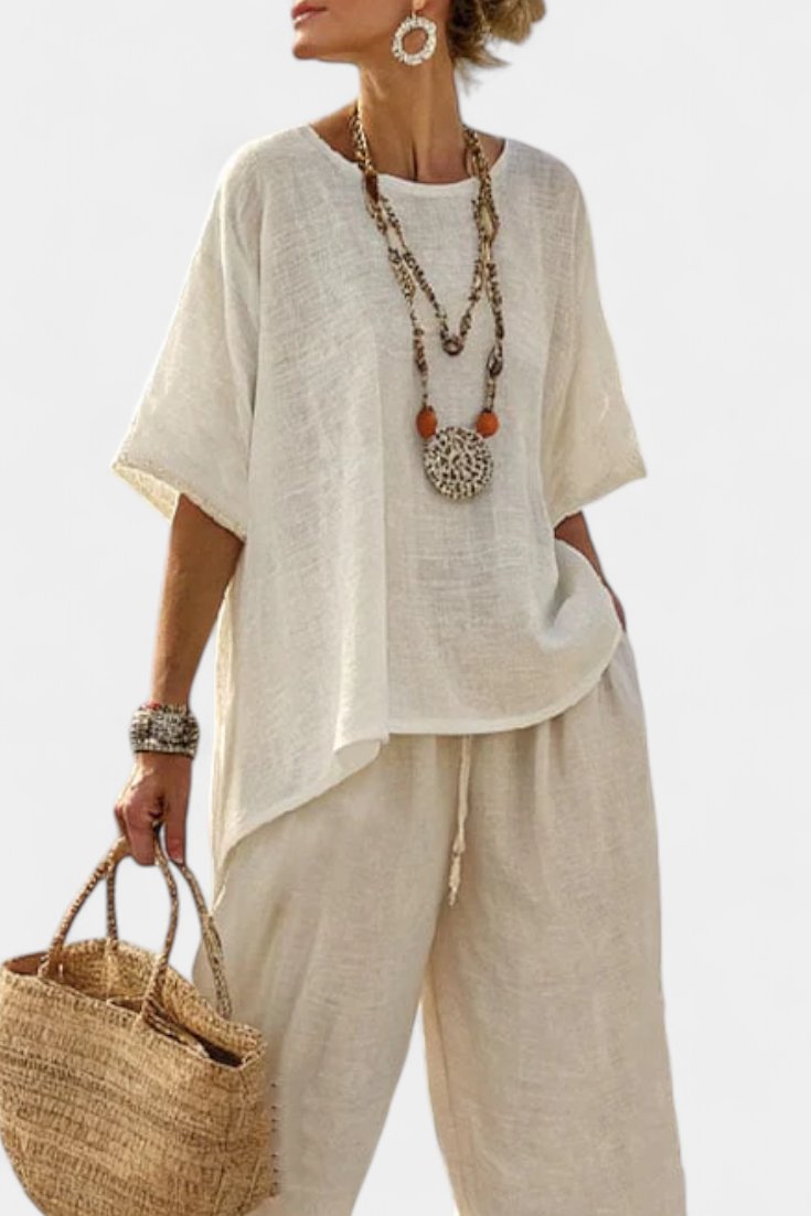 Lena Linen Two-Piece Set with Asymmetric Top and Wide-Leg Pants
