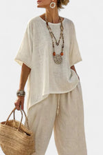 Lena Linen Two-Piece Set with Asymmetric Top and Wide-Leg Pants