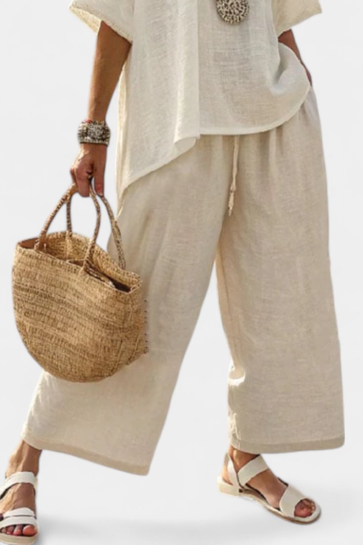 Lena Linen Two-Piece Set with Asymmetric Top and Wide-Leg Pants