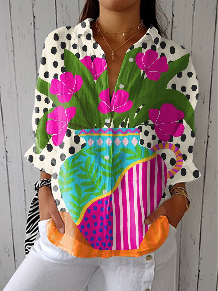 Johanna Floral Vase Print Relaxed Button-Up Blouse