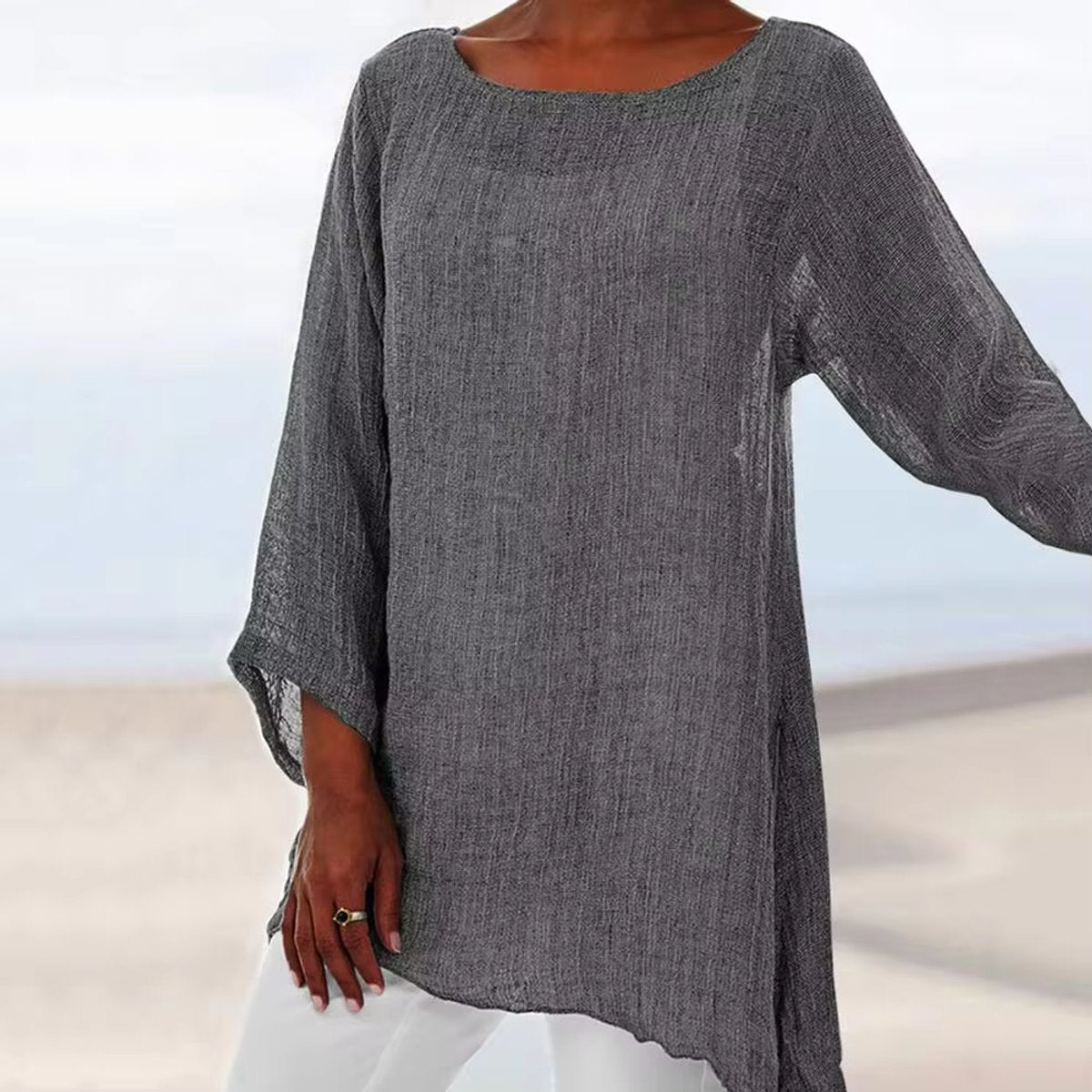Lena Oversized Long-Sleeve Linen Tunic Top