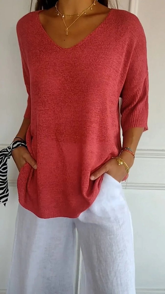 Nora Relaxed V-Neck Short-Sleeve Knit Top