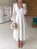 Greta Puff Sleeve V-Neck Midi Wedding Dress