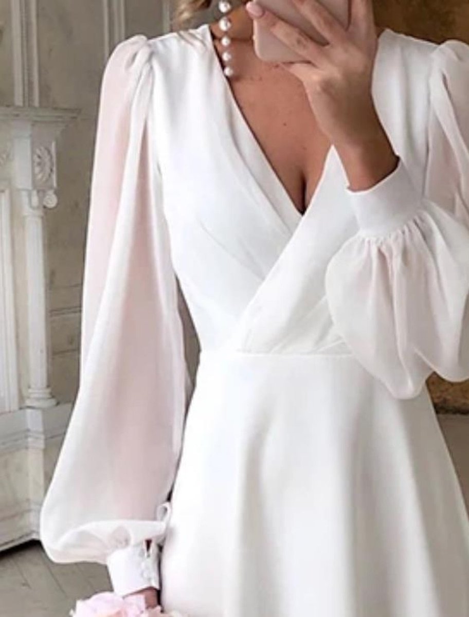 Greta Puff Sleeve V-Neck Midi Wedding Dress