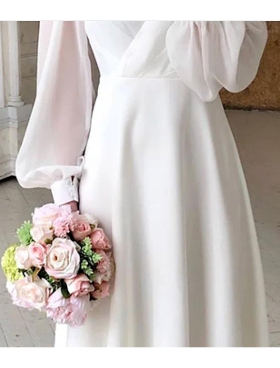 Greta Puff Sleeve V-Neck Midi Wedding Dress