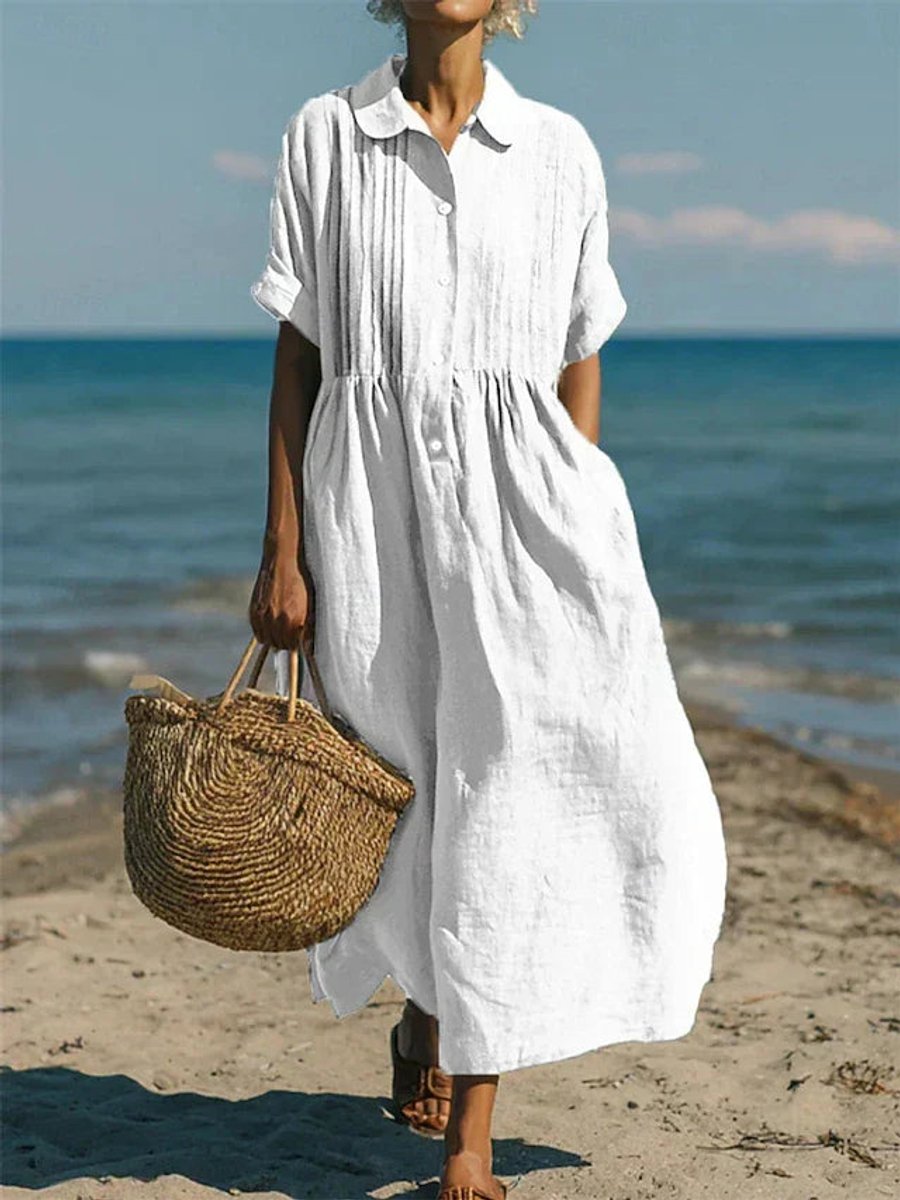Lena Breezy Short-Sleeve Midi Shirt Dress