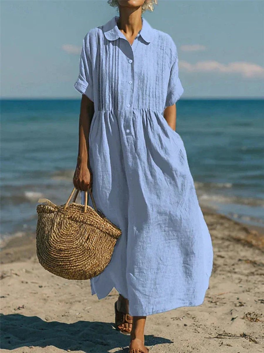 Lena Breezy Short-Sleeve Midi Shirt Dress