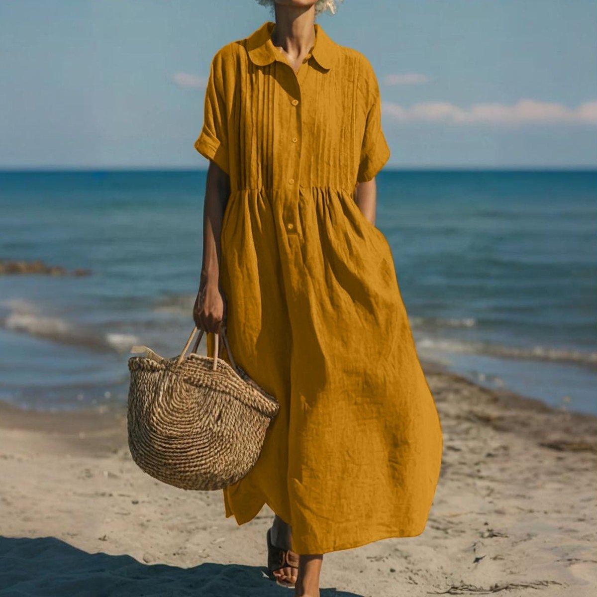 Lena Breezy Short-Sleeve Midi Shirt Dress